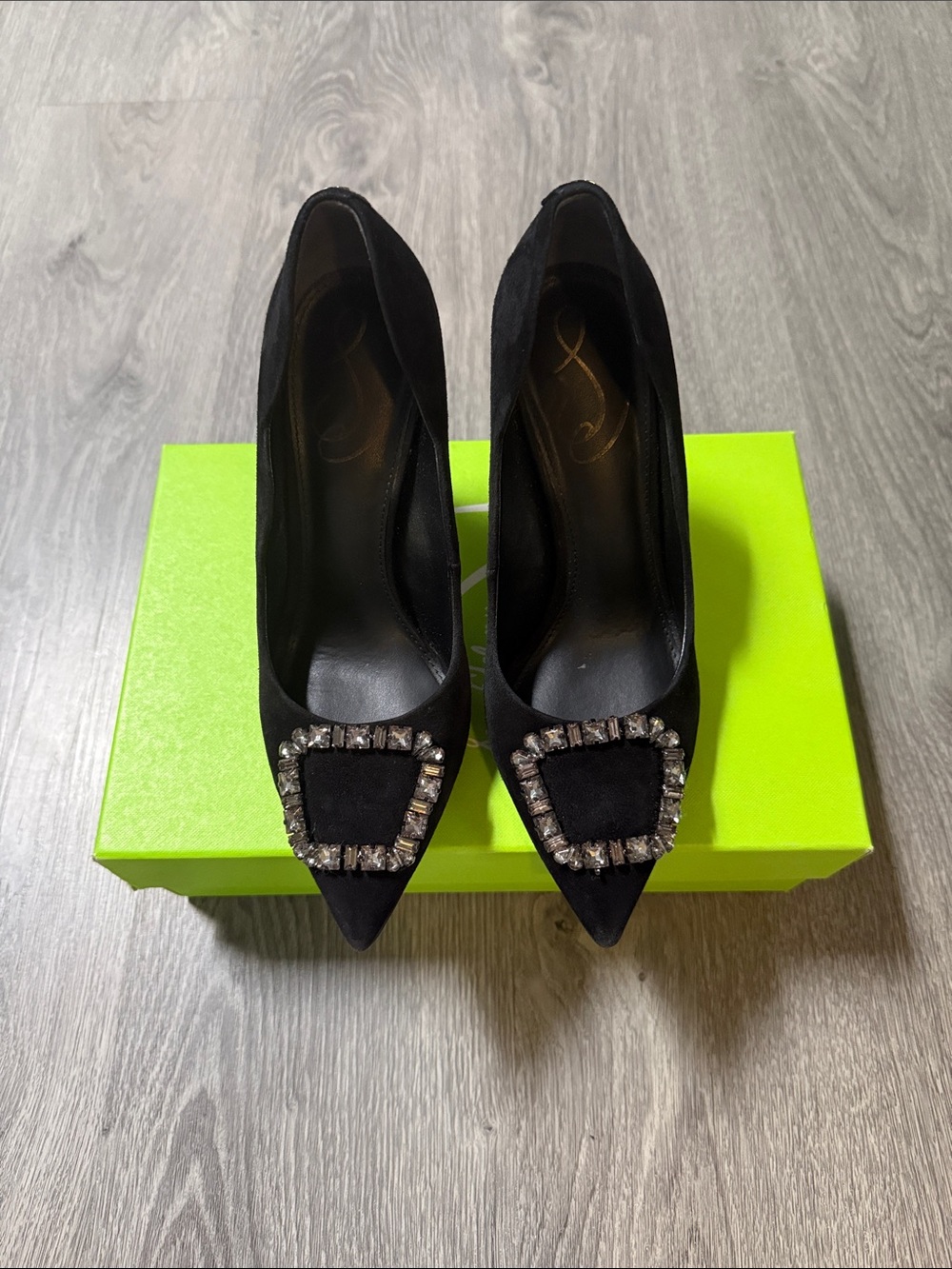 Sam Edelman Black Pointed Toe Pumps with Crystal Square Buckle